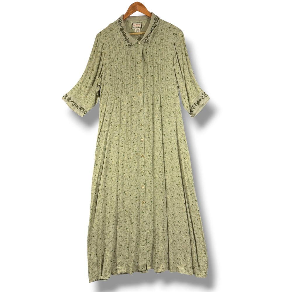 Vintage April Cornell Maxi Dress Sage Green Floral Embroidered Size Large
